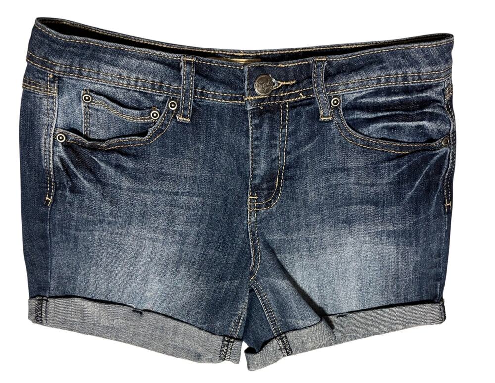 Earl Jean Mid-rise Stretch Cuffed Denim Shorts Dark Wash w/ Whiskering Sz 4 EUC